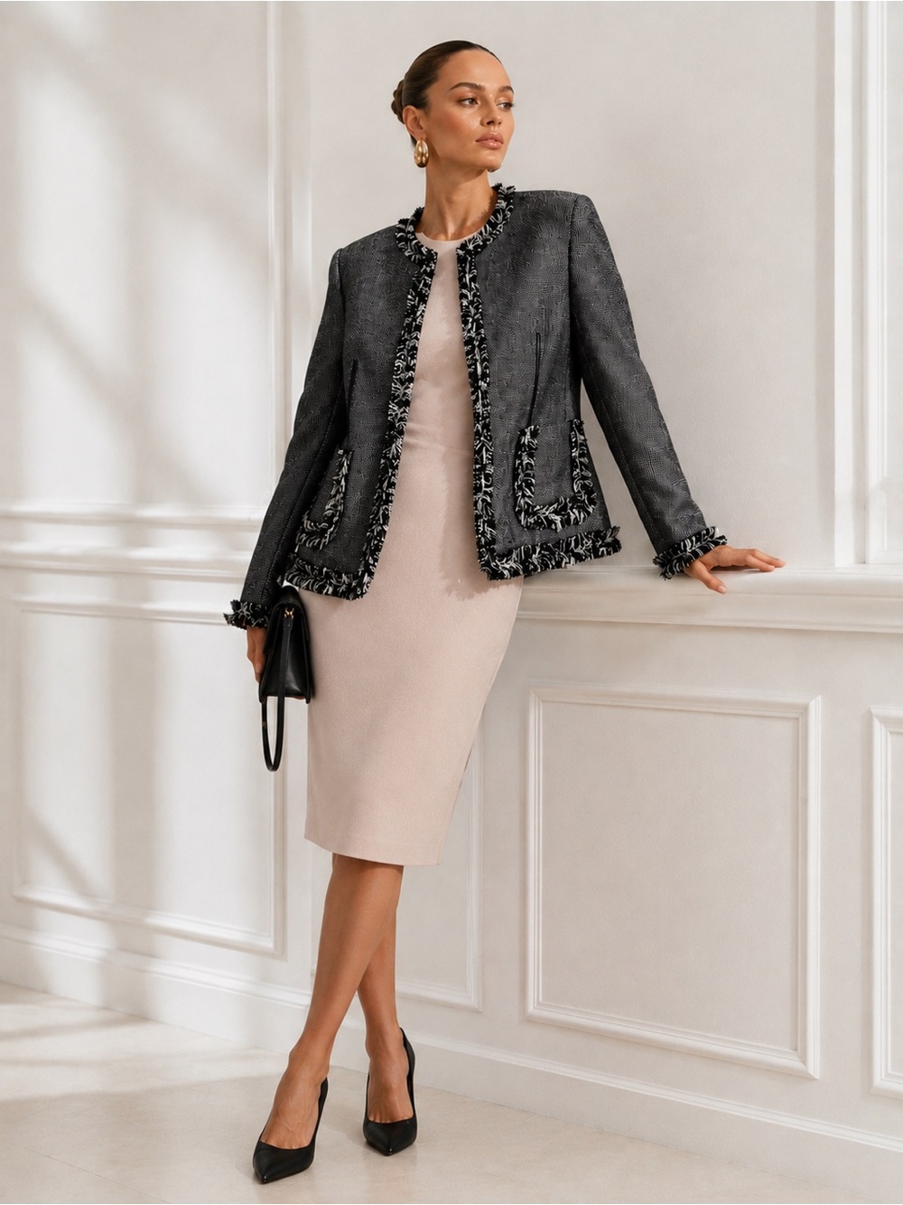 Nygaard Collection Women’s Size 12 Black Gray Fringe Tweed Jacket Blazer